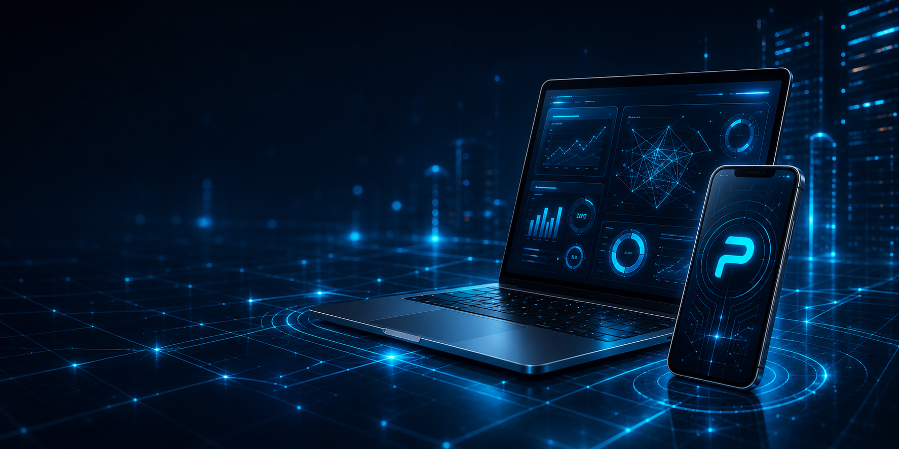 Futuristische IT-Oberfläche mit Laptop und Smartphone