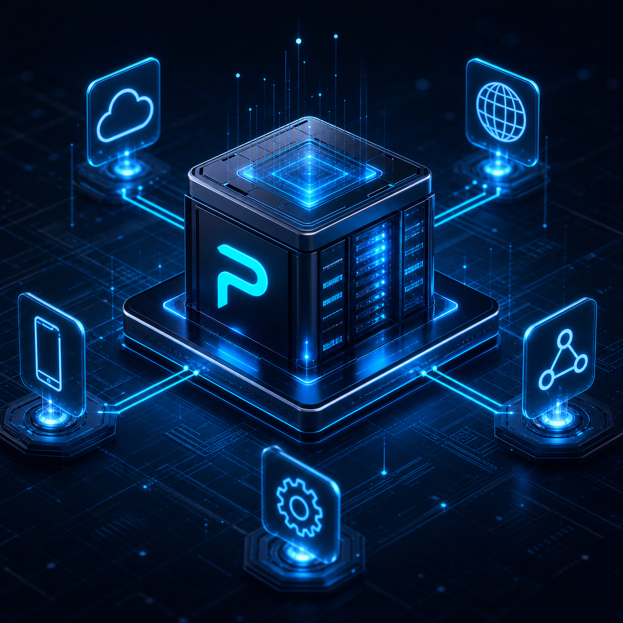 Futuristisches digitales Systemhaus mit vernetzten IT-Systemen